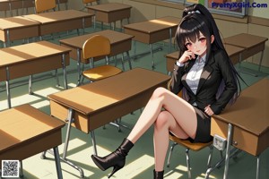 A woman sitting at a desk in a classroom.