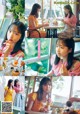 A collage of photos of a woman eating food at a table.