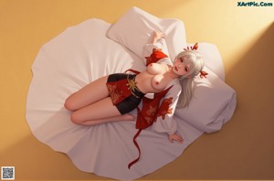 A woman laying on top of a bed in a red and black outfit.